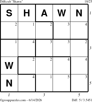 The grouppuzzles.com Difficult Shawn puzzle for Sunday June 14, 2026, suitable for printing, with all 5 steps marked
