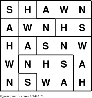 The grouppuzzles.com Answer grid for the Shawn puzzle for Sunday June 14, 2026