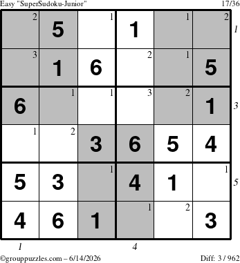 The grouppuzzles.com Easy SuperSudoku-Junior puzzle for Sunday June 14, 2026 with all 3 steps marked