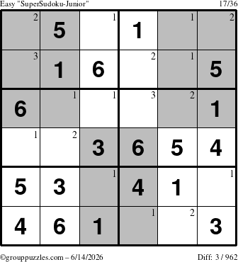 The grouppuzzles.com Easy SuperSudoku-Junior puzzle for Sunday June 14, 2026 with the first 3 steps marked
