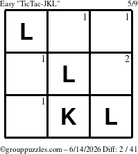 The grouppuzzles.com Easy TicTac-JKL puzzle for Sunday June 14, 2026 with the first 2 steps marked