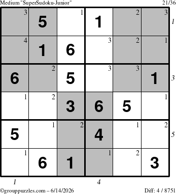 The grouppuzzles.com Medium SuperSudoku-Junior puzzle for Sunday June 14, 2026, suitable for printing, with all 4 steps marked