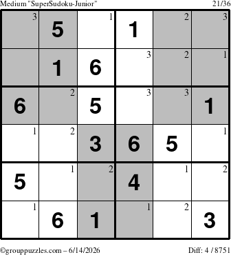 The grouppuzzles.com Medium SuperSudoku-Junior puzzle for Sunday June 14, 2026 with the first 3 steps marked