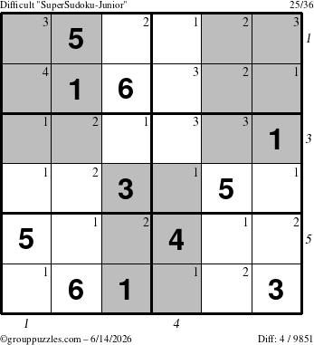 The grouppuzzles.com Difficult SuperSudoku-Junior puzzle for Sunday June 14, 2026, suitable for printing, with all 4 steps marked