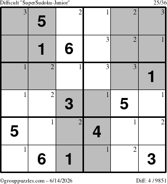 The grouppuzzles.com Difficult SuperSudoku-Junior puzzle for Sunday June 14, 2026 with the first 3 steps marked