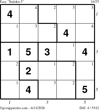 The grouppuzzles.com Easy Sudoku-5 puzzle for Sunday June 14, 2026 with all 4 steps marked