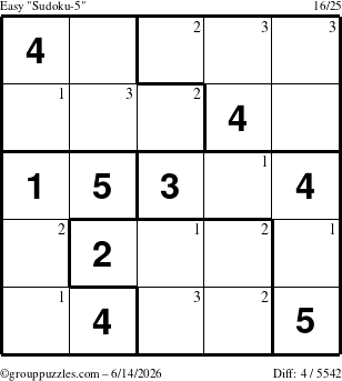 The grouppuzzles.com Easy Sudoku-5 puzzle for Sunday June 14, 2026 with the first 3 steps marked