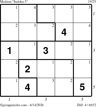 The grouppuzzles.com Medium Sudoku-5 puzzle for Sunday June 14, 2026 with all 4 steps marked