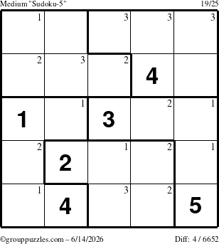 The grouppuzzles.com Medium Sudoku-5 puzzle for Sunday June 14, 2026 with the first 3 steps marked