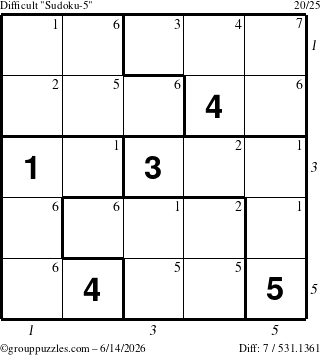 The grouppuzzles.com Difficult Sudoku-5 puzzle for Sunday June 14, 2026 with all 7 steps marked