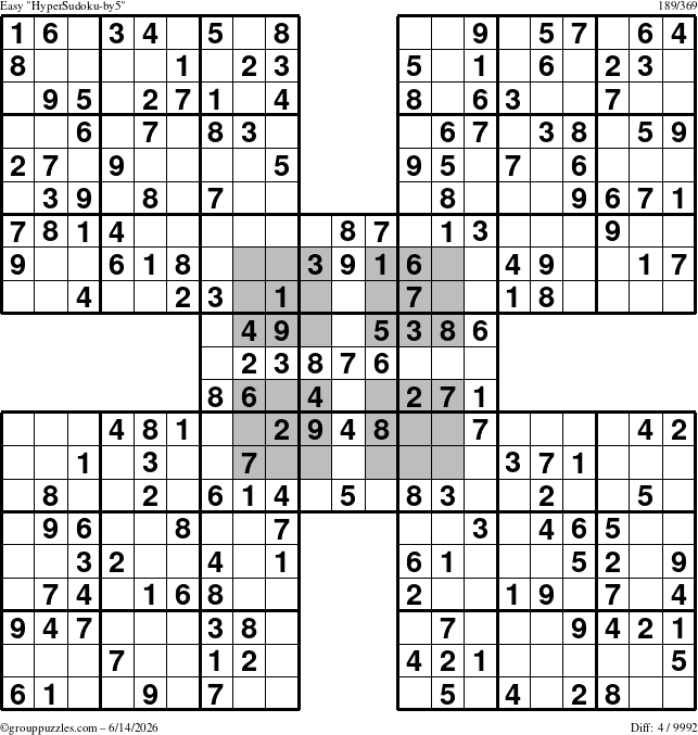 The grouppuzzles.com Easy HyperSudoku-by5 puzzle for Sunday June 14, 2026