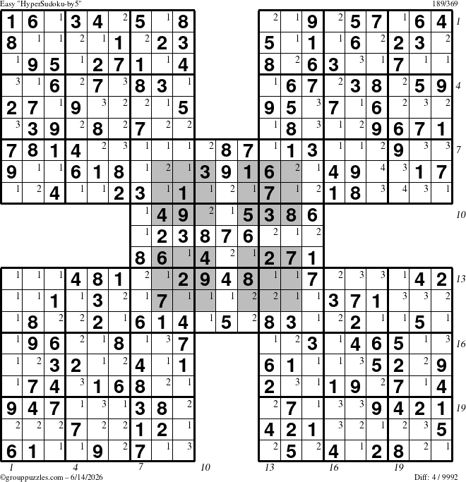 The grouppuzzles.com Easy HyperSudoku-by5 puzzle for Sunday June 14, 2026 with all 4 steps marked