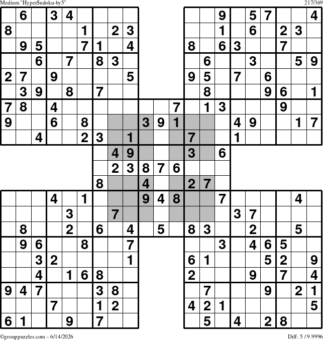 The grouppuzzles.com Medium HyperSudoku-by5 puzzle for Sunday June 14, 2026