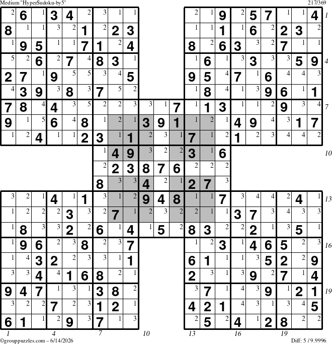 The grouppuzzles.com Medium HyperSudoku-by5 puzzle for Sunday June 14, 2026 with all 5 steps marked