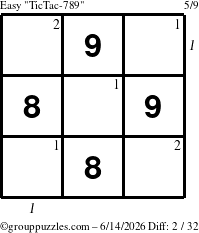 The grouppuzzles.com Easy TicTac-789 puzzle for Sunday June 14, 2026 with all 2 steps marked
