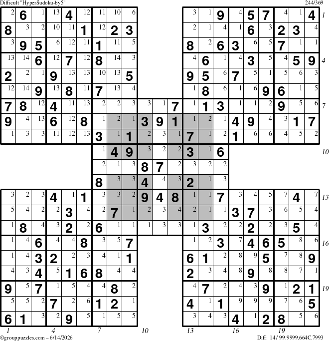 The grouppuzzles.com Difficult HyperSudoku-by5 puzzle for Sunday June 14, 2026, suitable for printing, with all 14 steps marked