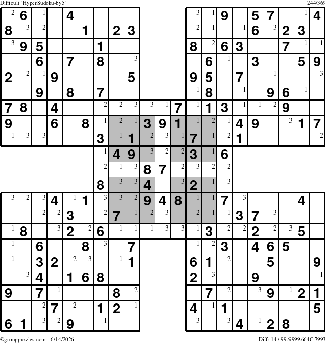 The grouppuzzles.com Difficult HyperSudoku-by5 puzzle for Sunday June 14, 2026 with the first 3 steps marked
