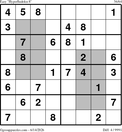 The grouppuzzles.com Easy HyperSudoku-8 puzzle for Sunday June 14, 2026