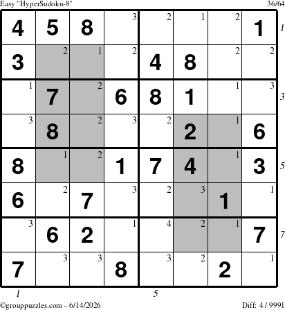 The grouppuzzles.com Easy HyperSudoku-8 puzzle for Sunday June 14, 2026 with all 4 steps marked