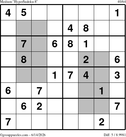 The grouppuzzles.com Medium HyperSudoku-8 puzzle for Sunday June 14, 2026