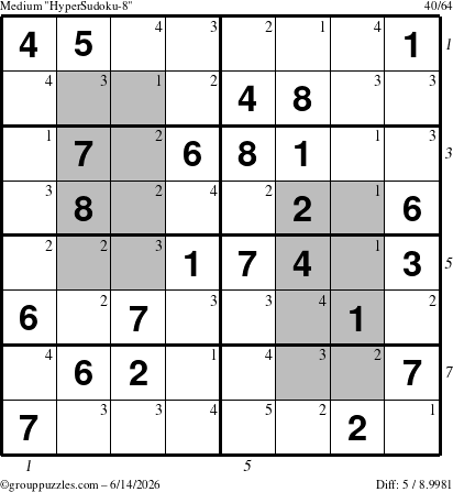 The grouppuzzles.com Medium HyperSudoku-8 puzzle for Sunday June 14, 2026 with all 5 steps marked
