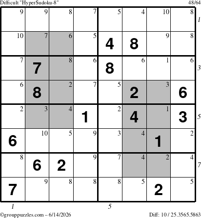 The grouppuzzles.com Difficult HyperSudoku-8 puzzle for Sunday June 14, 2026 with all 10 steps marked