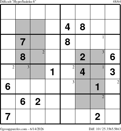 The grouppuzzles.com Difficult HyperSudoku-8 puzzle for Sunday June 14, 2026 with the first 3 steps marked
