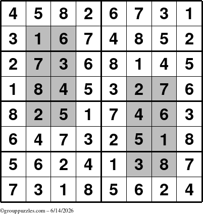 The grouppuzzles.com Answer grid for the HyperSudoku-8 puzzle for Sunday June 14, 2026