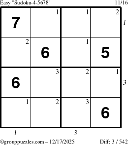 The grouppuzzles.com Easy Sudoku-4-5678 puzzle for Wednesday December 17, 2025, suitable for printing, with all 3 steps marked