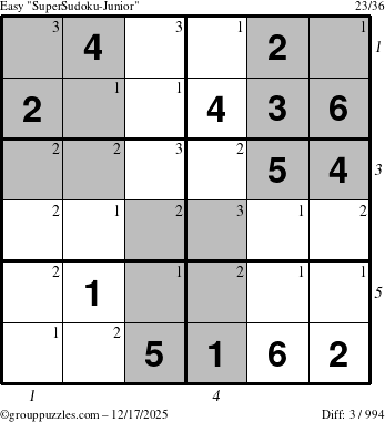 The grouppuzzles.com Easy SuperSudoku-Junior puzzle for Wednesday December 17, 2025, suitable for printing, with all 3 steps marked