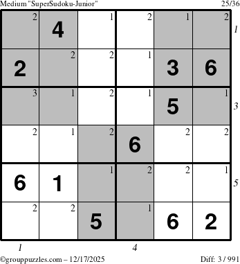 The grouppuzzles.com Medium SuperSudoku-Junior puzzle for Wednesday December 17, 2025, suitable for printing, with all 3 steps marked