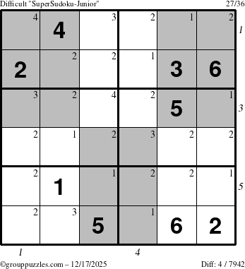 The grouppuzzles.com Difficult SuperSudoku-Junior puzzle for Wednesday December 17, 2025, suitable for printing, with all 4 steps marked