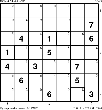 The grouppuzzles.com Difficult Sudoku-7B puzzle for Wednesday December 17, 2025, suitable for printing, with all 11 steps marked