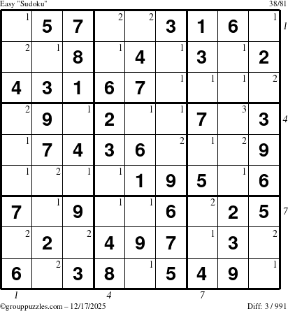 The grouppuzzles.com Easy Sudoku puzzle for Wednesday December 17, 2025 with all 3 steps marked