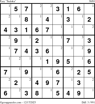The grouppuzzles.com Easy Sudoku puzzle for Wednesday December 17, 2025 with the first 3 steps marked