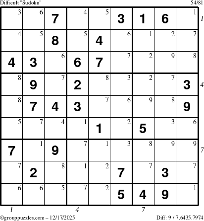 The grouppuzzles.com Difficult Sudoku puzzle for Wednesday December 17, 2025 with all 9 steps marked