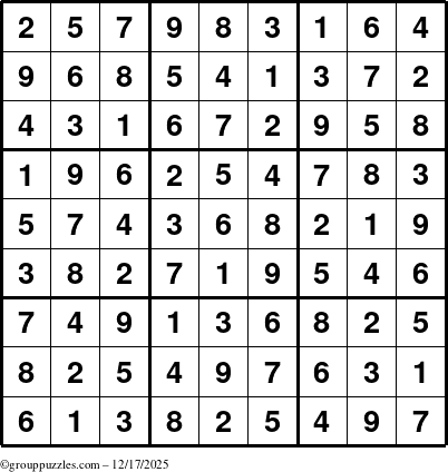The grouppuzzles.com Answer grid for the Sudoku puzzle for Wednesday December 17, 2025