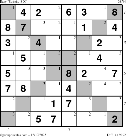 The grouppuzzles.com Easy Sudoku-8-X puzzle for Wednesday December 17, 2025, suitable for printing, with all 4 steps marked