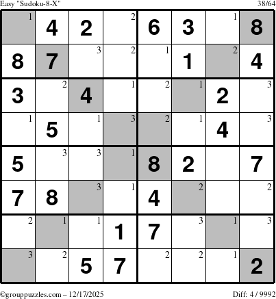 The grouppuzzles.com Easy Sudoku-8-X puzzle for Wednesday December 17, 2025 with the first 3 steps marked