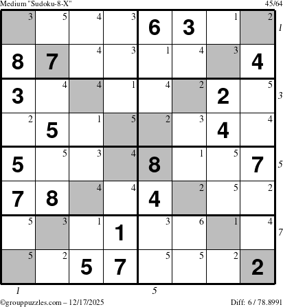 The grouppuzzles.com Medium Sudoku-8-X puzzle for Wednesday December 17, 2025 with all 6 steps marked