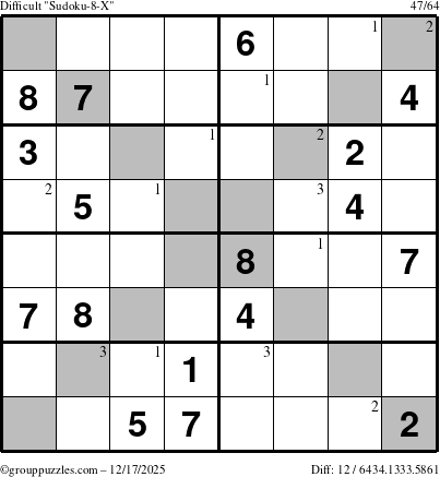 The grouppuzzles.com Difficult Sudoku-8-X puzzle for Wednesday December 17, 2025 with the first 3 steps marked