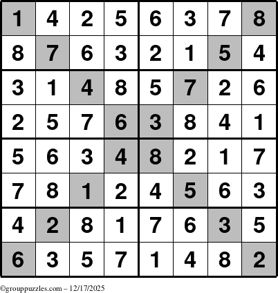 The grouppuzzles.com Answer grid for the Sudoku-8-X puzzle for Wednesday December 17, 2025