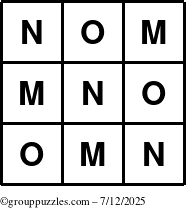 The grouppuzzles.com Answer grid for the TicTac-MNO puzzle for Saturday July 12, 2025