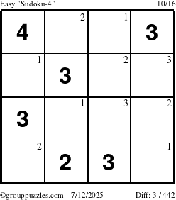 The grouppuzzles.com Easy Sudoku-4 puzzle for Saturday July 12, 2025 with the first 3 steps marked