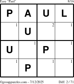 The grouppuzzles.com Easy Paul puzzle for Saturday July 12, 2025 with the first 2 steps marked