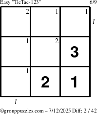 The grouppuzzles.com Easy TicTac-123 puzzle for Saturday July 12, 2025 with all 2 steps marked