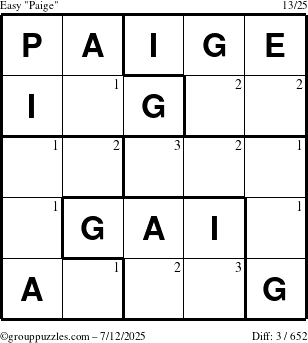 The grouppuzzles.com Easy Paige puzzle for Saturday July 12, 2025 with the first 3 steps marked