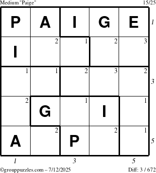 The grouppuzzles.com Medium Paige puzzle for Saturday July 12, 2025 with all 3 steps marked