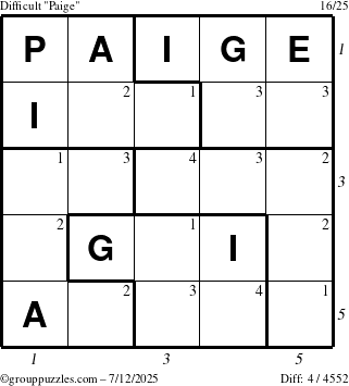 The grouppuzzles.com Difficult Paige puzzle for Saturday July 12, 2025 with all 4 steps marked