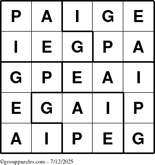 The grouppuzzles.com Answer grid for the Paige puzzle for Saturday July 12, 2025